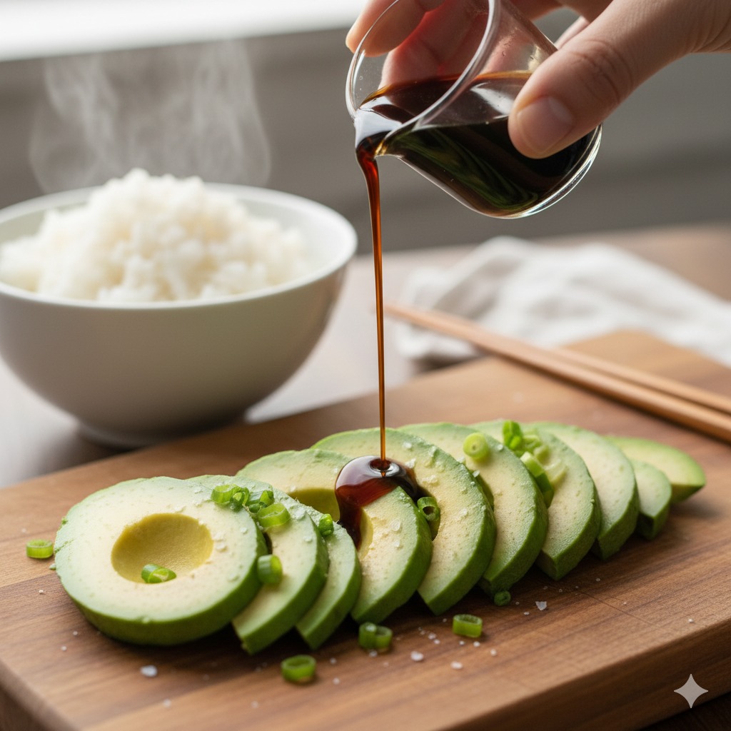 スライスされたアボカドに醤油をかけている画像