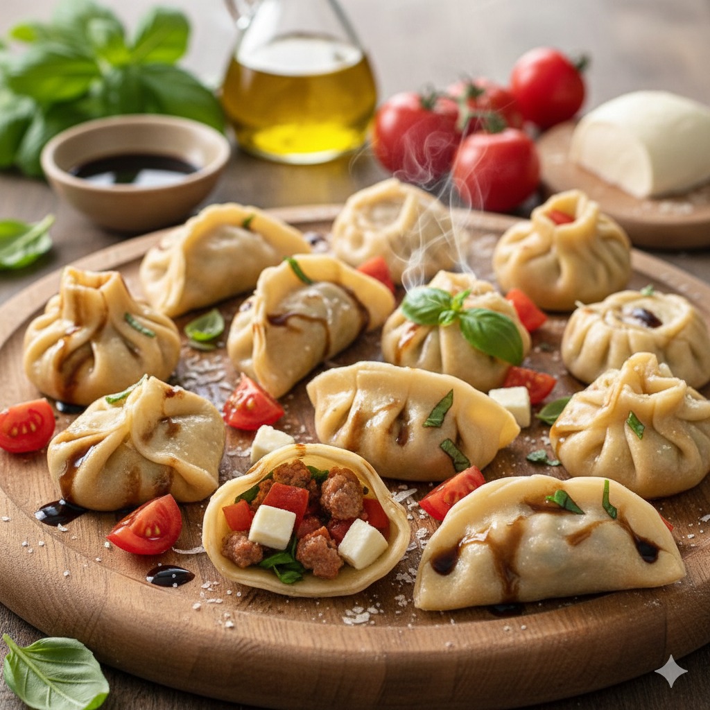 ソーセージの中身と、トマト、バジル、モッツアレラのみじん切を併せて餃子の皮で包んだ、イタリア風餃子の画像