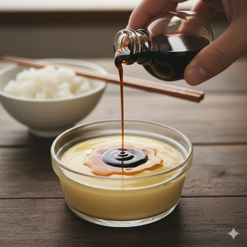 プリンにしょうゆをかけている画像