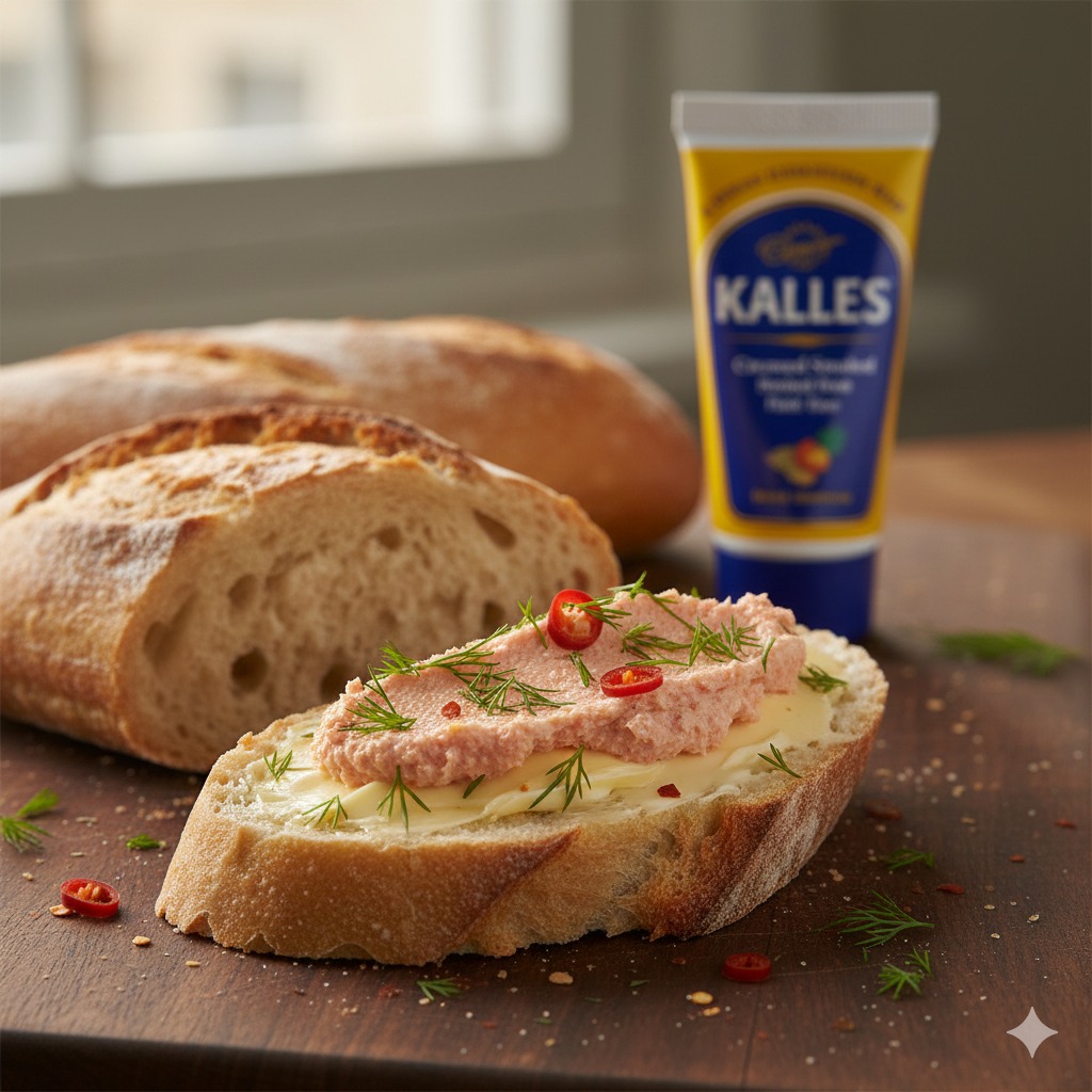 焼きたてのバゲットにバターと魚卵ペーストをつけて、明太フランスにした画像